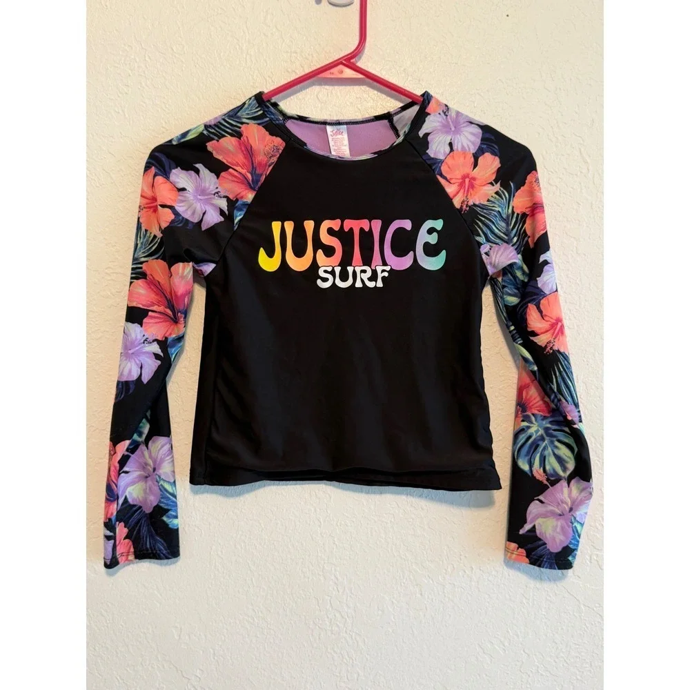 Justice Surf Girls Black Tropical Floral Long Sleeve Rash Guard Swim Top L 12/14